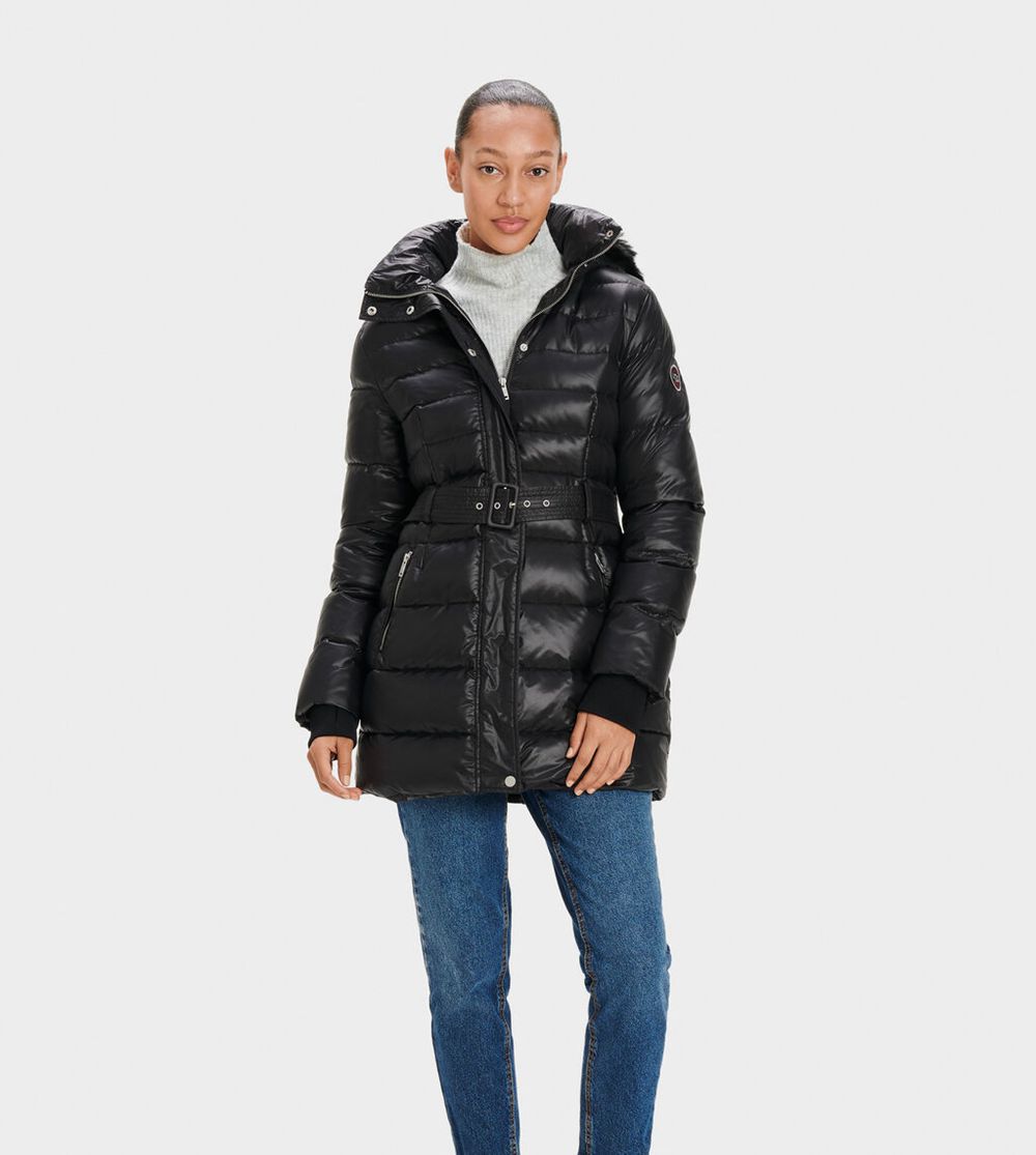 Ugg Valerie Belted Down Ii - Womens Coats - Black - NZ (9107QNTYB)